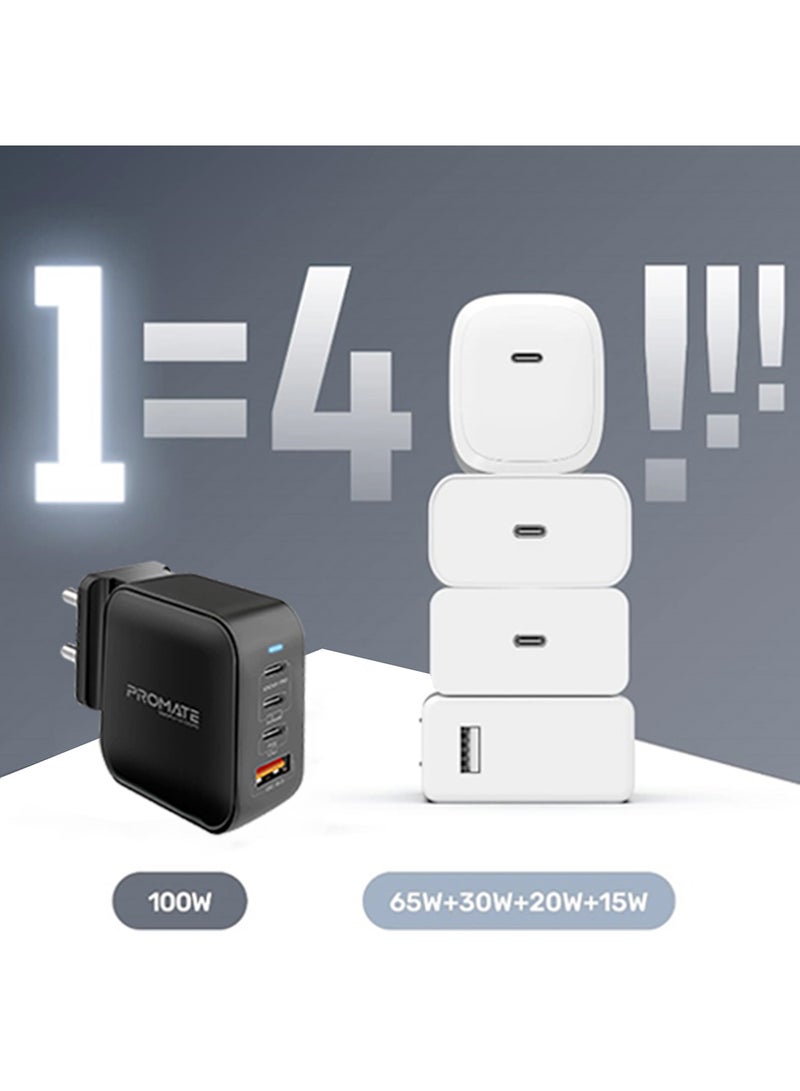 PROMATE 100W USb-C Gan Wall Charger With Dual USb-C Pd, 18W Qc 3.0, 20W Type-C Pd Ports, Ganport4-100Pd, Black Black - Image 2