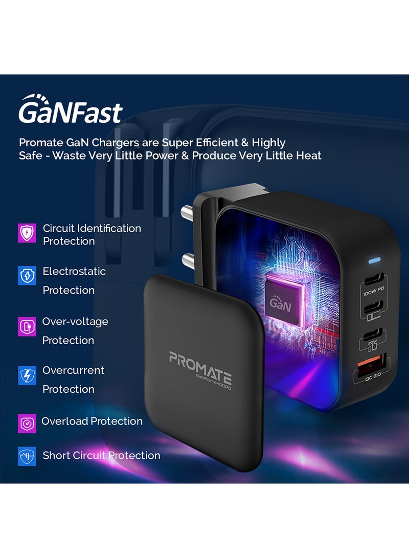 PROMATE 100W USb-C Gan Wall Charger With Dual USb-C Pd, 18W Qc 3.0, 20W Type-C Pd Ports, Ganport4-100Pd, Black Black - Image 3