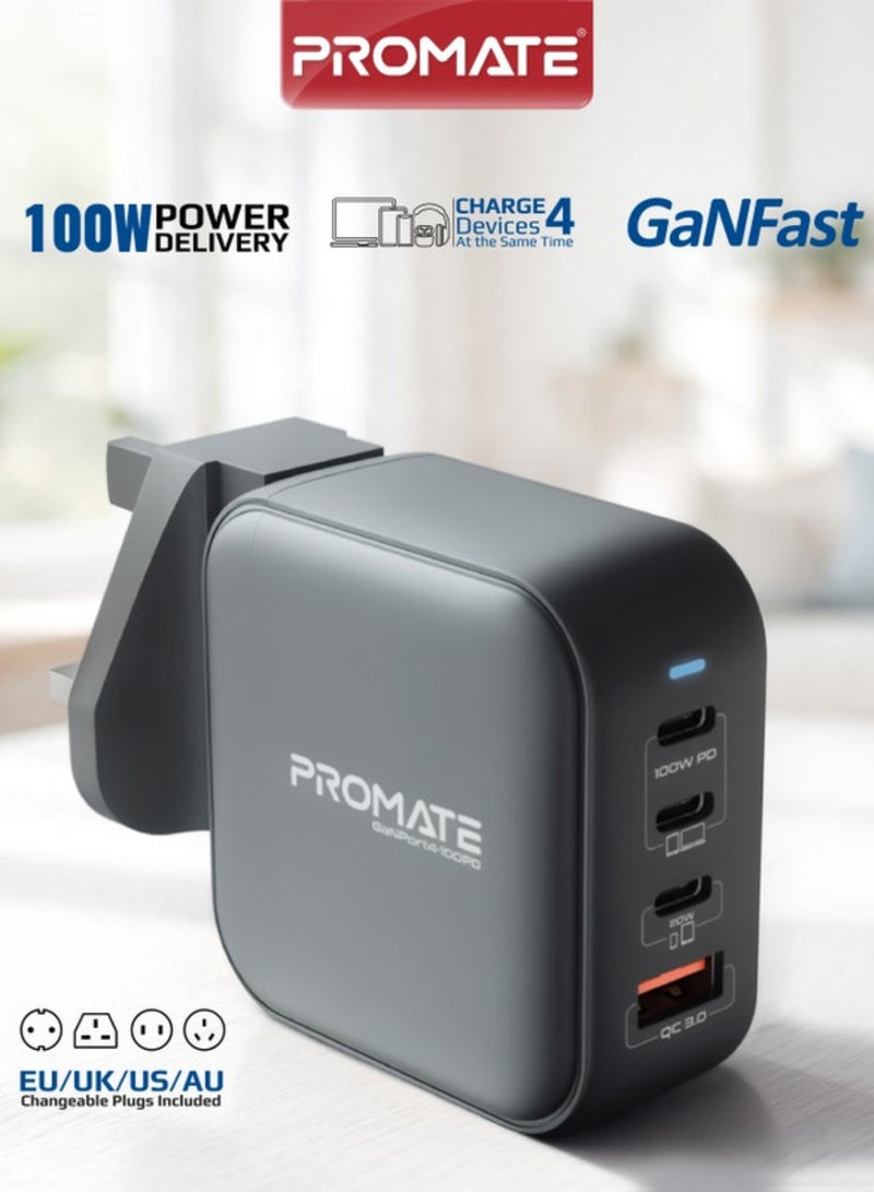 PROMATE 100W USb-C Gan Wall Charger With Dual USb-C Pd, 18W Qc 3.0, 20W Type-C Pd Ports, Ganport4-100Pd, Black Black - Image 1