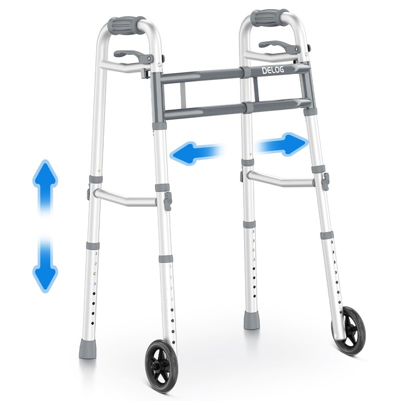 Delog Narrow Folding Walker for Seniors with Trigger Release and 5 Inches Wheels, Lightweight Supports Up to 350 lbs, Aluminum Folding Walker for Elderly, Handicapped and Disabled - Image 1