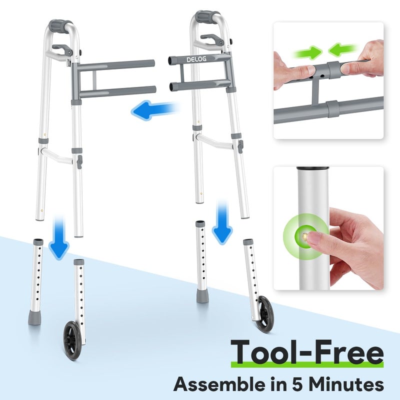 Delog Narrow Folding Walker for Seniors with Trigger Release and 5 Inches Wheels, Lightweight Supports Up to 350 lbs, Aluminum Folding Walker for Elderly, Handicapped and Disabled - Image 4