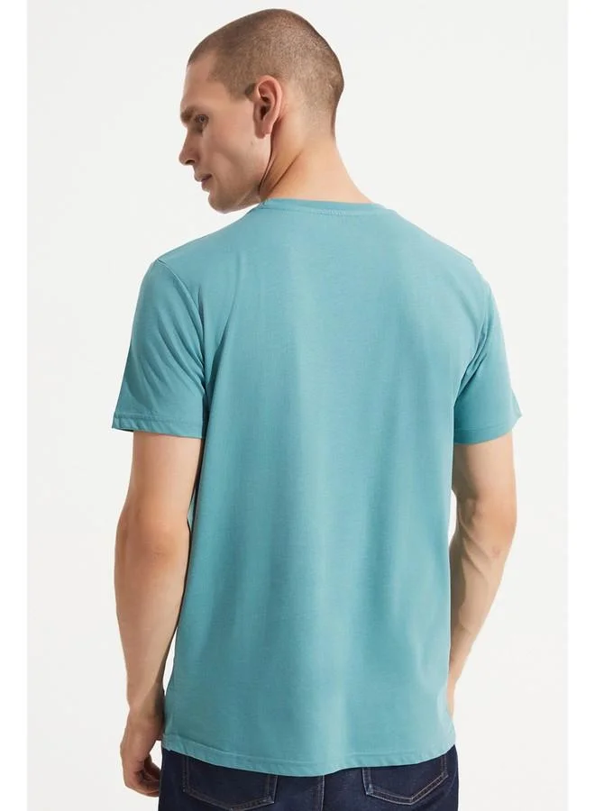JUNE June Men Regular Fit 100% Cotton Printed Crew Neck Tshirt Olive Green