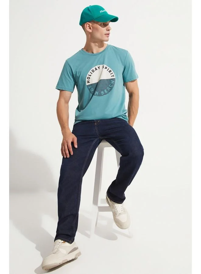 JUNE June Men Regular Fit 100% Cotton Printed Crew Neck Tshirt Olive Green
