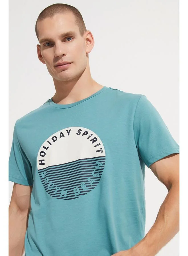JUNE June Men Regular Fit 100% Cotton Printed Crew Neck Tshirt Olive Green