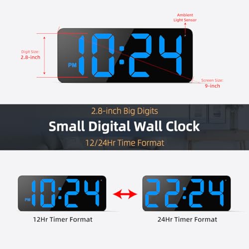 XUANZIT LED Digital Wall Clock with Large Display, Big Digits, Auto-Brightness, 12/24Hr Format, Modern Electric Small Silent Wall Clock for Living Room, Bedroom, Classroom, Farmhouse, Kitchen, Office - Blue - Image 3
