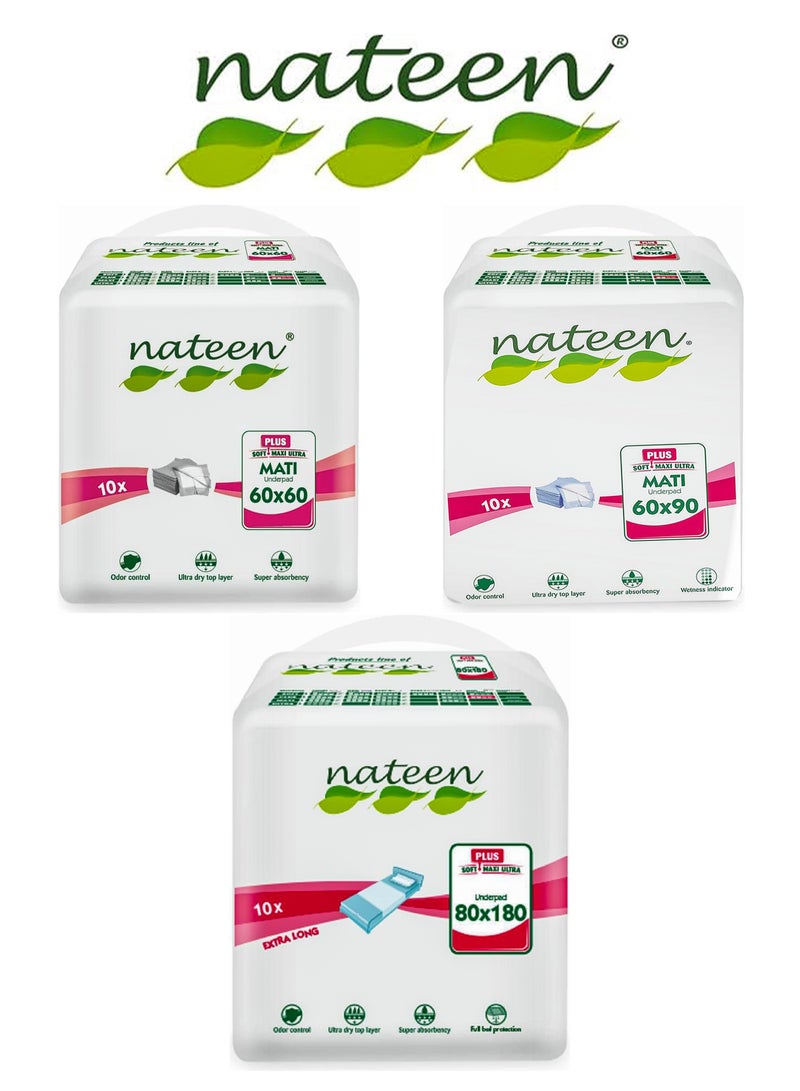 nateen Pack Of 3 Super Absorbent Underpad Mati Plus Disposable Bed Pads For Incontinence High Absorbency Mats Anti Odor System Hypoallergenic 30 Count Pack - Image 1