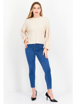 Weatherproof Women Crew Neck Long Sleeve Textured Top, Beige  - Image 2