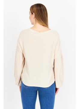 Weatherproof Women Crew Neck Long Sleeve Textured Top, Beige  - Image 3