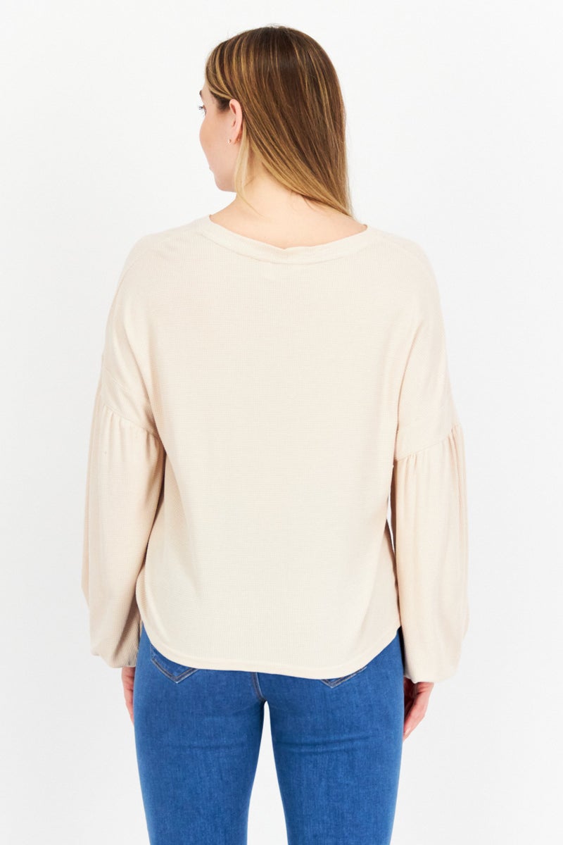 Weatherproof Women Crew Neck Long Sleeve Textured Top, Beige - Image 3
