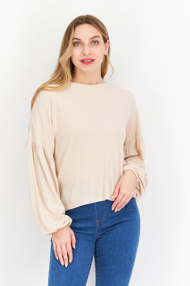 Weatherproof Women Crew Neck Long Sleeve Textured Top, Beige - Image 1