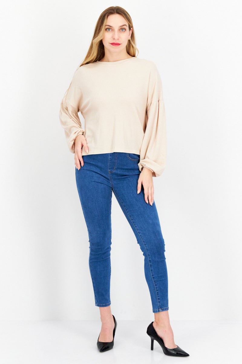 Weatherproof Women Crew Neck Long Sleeve Textured Top, Beige - Image 2