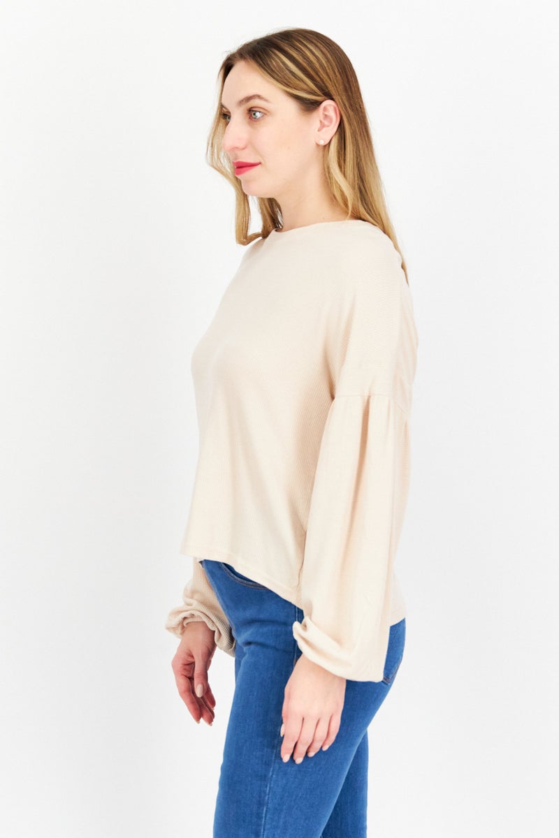 Weatherproof Women Crew Neck Long Sleeve Textured Top, Beige - Image 4