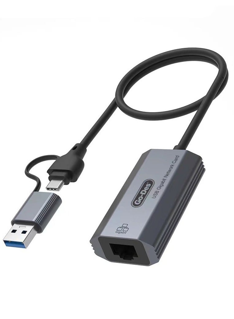 GO-DES Go Des GD-6836 RJ45 to Type-C and USB-A Gigabit Ethernet Converter Cable 1000Mbps 50cm"  - Image 1