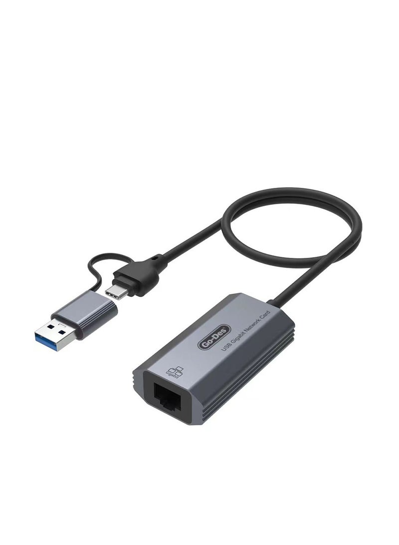 GO-DES Go Des GD-6836 RJ45 to Type-C and USB-A Gigabit Ethernet Converter Cable 1000Mbps 50cm"  - Image 3