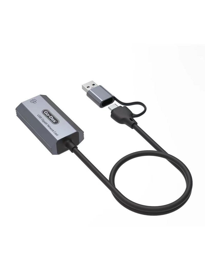 GO-DES Go Des GD-6836 RJ45 to Type-C and USB-A Gigabit Ethernet Converter Cable 1000Mbps 50cm"  - Image 5