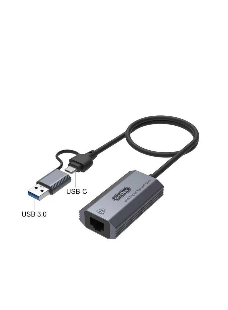 GO-DES Go Des GD-6836 RJ45 to Type-C and USB-A Gigabit Ethernet Converter Cable 1000Mbps 50cm"  - Image 4