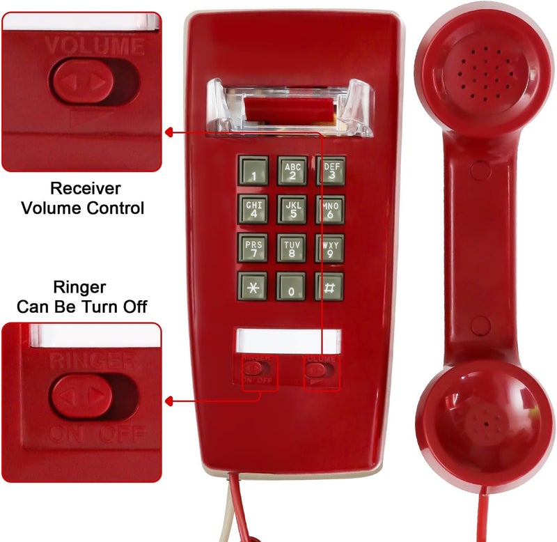 Sangyn Retro Wall Phones for Landline with Loud Mechanical Ringing Vintage Wall Mount Phone with Volume Adjustable Old Fashioned Corded Telephone for Kitchen Home School Hotel Office, Red - Image 1