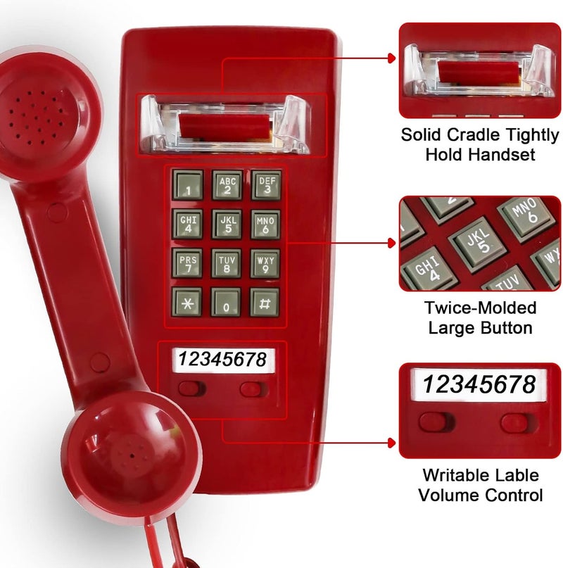Sangyn Retro Wall Phones for Landline with Loud Mechanical Ringing Vintage Wall Mount Phone with Volume Adjustable Old Fashioned Corded Telephone for Kitchen Home School Hotel Office, Red - Image 3