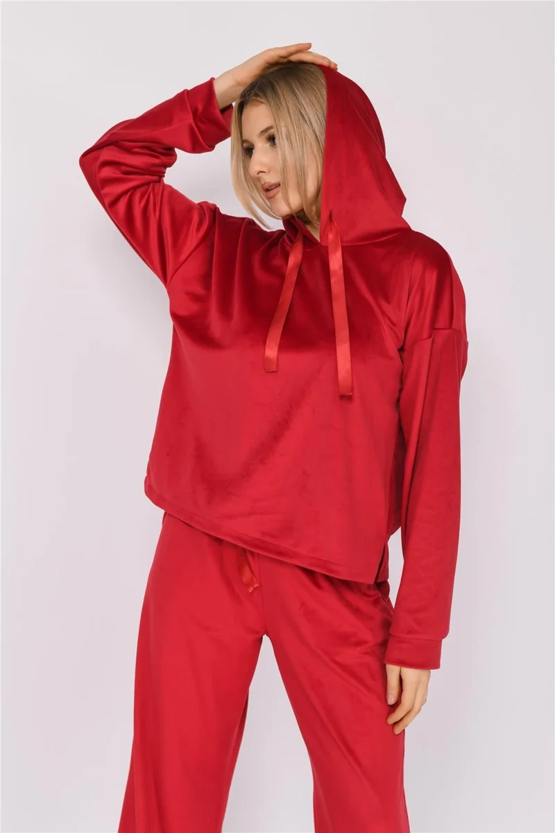 Nuseel Women's Soft Velvet Hooded Bottom Top Set Red