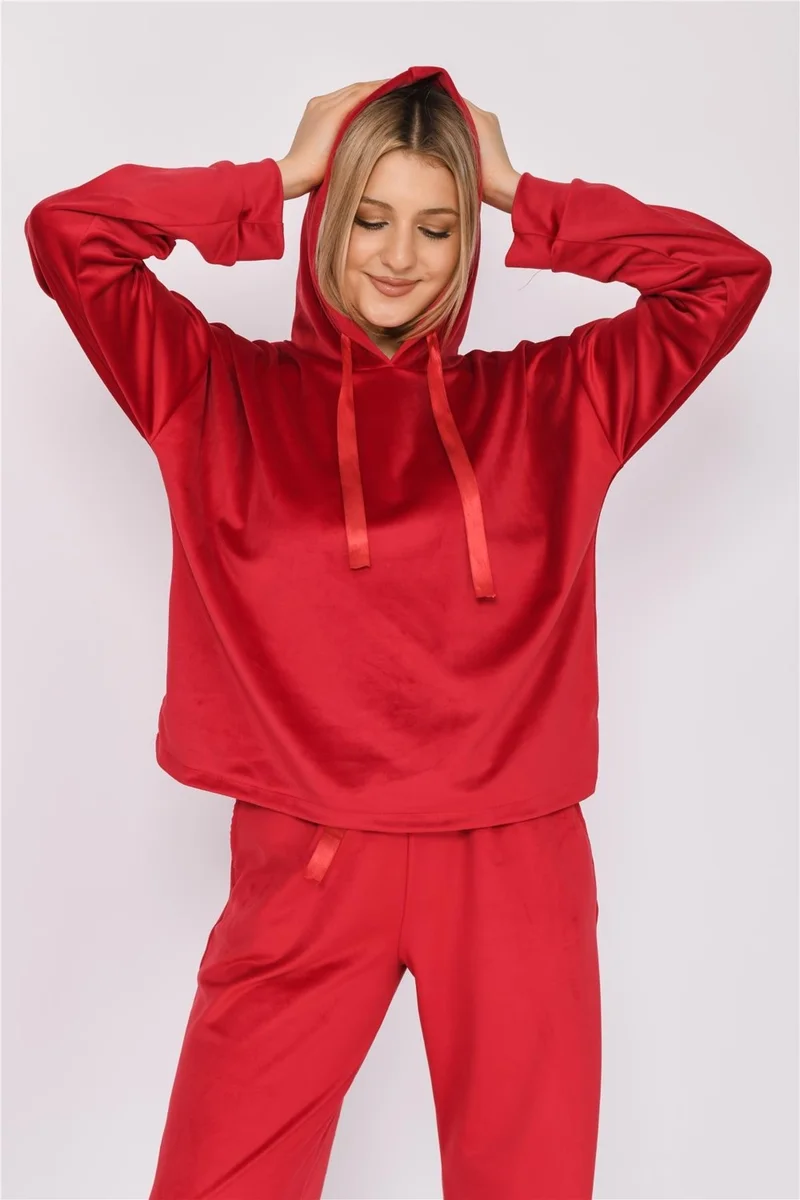 Nuseel Women's Soft Velvet Hooded Bottom Top Set Red