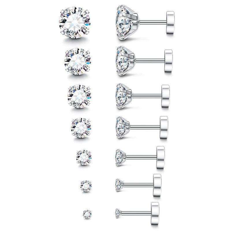 Fansilver 20G Hypoallergenic Flat Back Earrings for Women Men Silver 14K Gold Stainless Steel Stud Earrings Brithstone Cubic Zirconia Studs Surgical Steel Cartilage Earrings for Sensitive Ears - Image 1