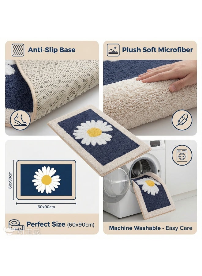 Bluejw Daisy Bath Mat Non-Slip Soft Adorable Boho Floral Bath Rugs Machine Washable Bathtub Mat Water Absorbent Plush Shaggy Carpet Thick Bathroom Kitchen Floor Microfiber Doormat 60x90cm - Image 4