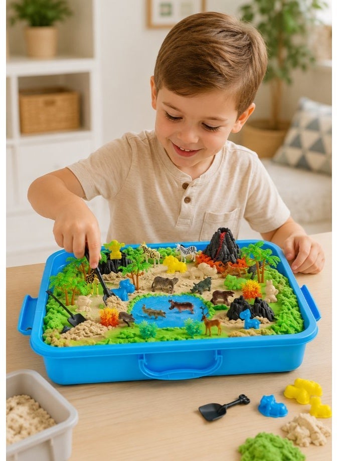 DAT Kids Play Sand Set with Safari Animal Figures, Trees, Volcano & Carry Case – Soft Moldable Sensory Sand Activity Toy - Image 2