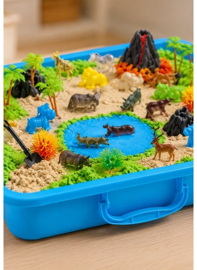 DAT Kids Play Sand Set with Safari Animal Figures, Trees, Volcano & Carry Case – Soft Moldable Sensory Sand Activity Toy - Image 3