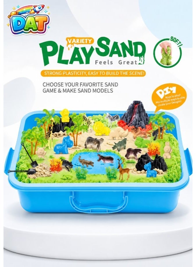 DAT Kids Play Sand Set with Safari Animal Figures, Trees, Volcano & Carry Case – Soft Moldable Sensory Sand Activity Toy - Image 1
