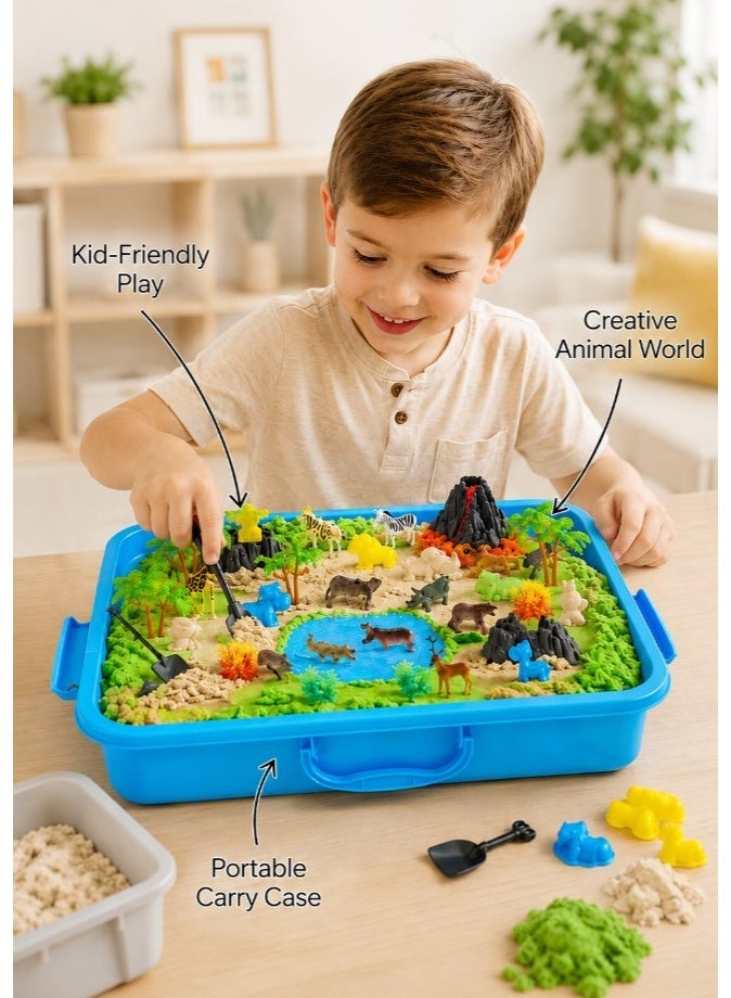 DAT Kids Play Sand Set with Safari Animal Figures, Trees, Volcano & Carry Case – Soft Moldable Sensory Sand Activity Toy - Image 4