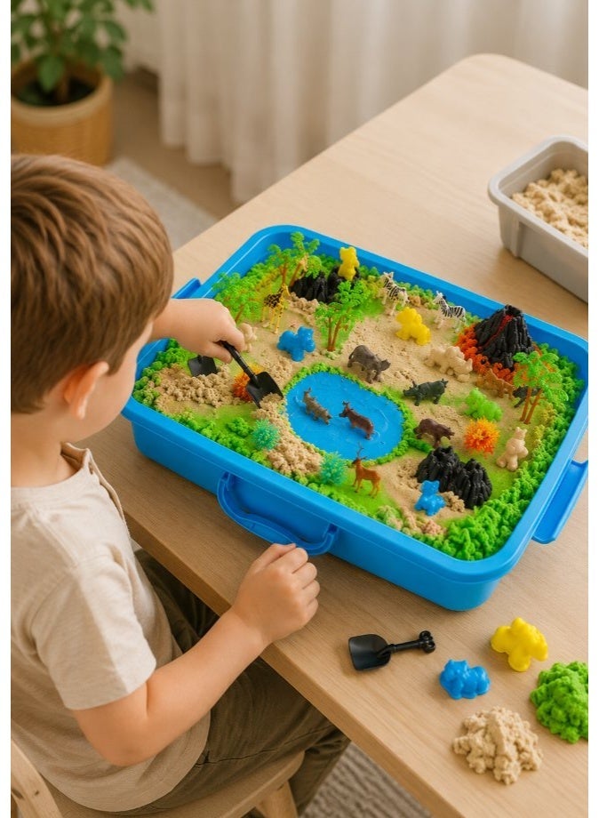DAT Kids Play Sand Set with Safari Animal Figures, Trees, Volcano & Carry Case – Soft Moldable Sensory Sand Activity Toy - Image 5