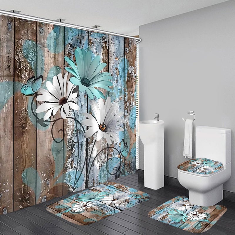 AZHM Farmhouse Flower Floral Shower Curtain Set 4pcs Rustic Teal Turquoise Daisy Bathroom Accessory Set with Rugs and 12 Hooks