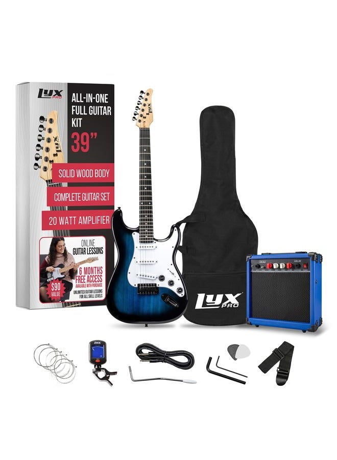 LyxPro 39 inch Electric Guitar Kit Bundle with 20w Amplifier, All Accessories, Digital Clip On Tuner, Six Strings, Two Picks, Tremolo Bar, Shoulder Strap, Case Bag Starter kit Full Size - Blue - Image 1