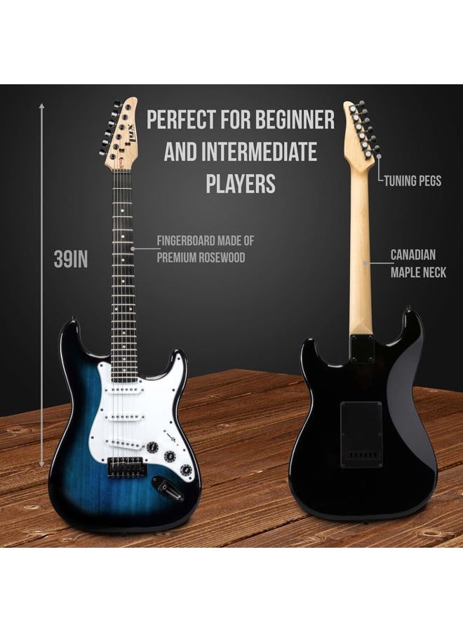 LyxPro 39 inch Electric Guitar Kit Bundle with 20w Amplifier, All Accessories, Digital Clip On Tuner, Six Strings, Two Picks, Tremolo Bar, Shoulder Strap, Case Bag Starter kit Full Size - Blue - Image 3
