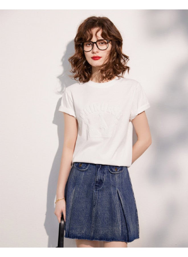 【قميص قطني بقطع الرقبة المستديرة البسيط】 موضة الصيف، حروف مرح، تطريز منشفي، أكمام قصيرة، تي نسائي - Image 1