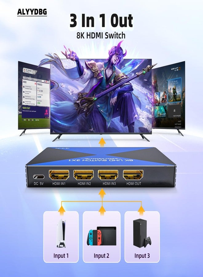 ALYYDBG 8k@60Hz HDMI Switch 3 in 1 Out Supports DSC 4K@240Hz 3D HDR10+ HDCP 2.3 VRR, HDMI 2.1 Switcher Compatible with PS4/5 Xbox Nienteen Swtich Roku Fire Stick Apple TV to Connect TV Monitor - Image 2