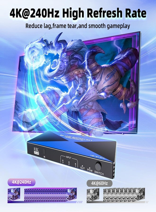 ALYYDBG 8k@60Hz HDMI Switch 3 in 1 Out Supports DSC 4K@240Hz 3D HDR10+ HDCP 2.3 VRR, HDMI 2.1 Switcher Compatible with PS4/5 Xbox Nienteen Swtich Roku Fire Stick Apple TV to Connect TV Monitor - Image 4