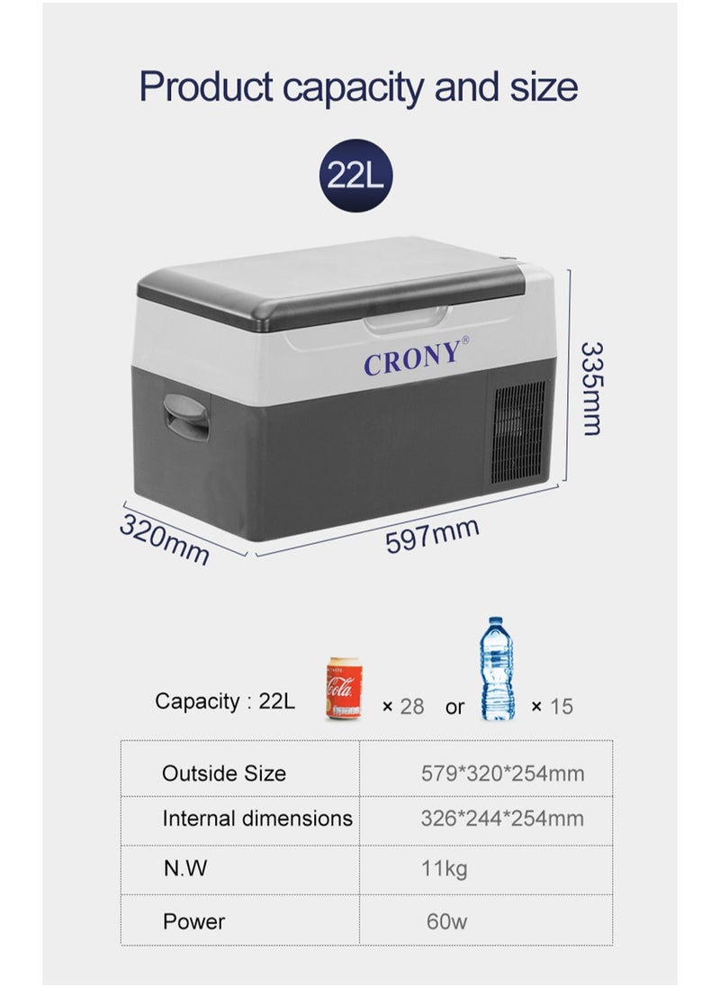 Crony - C22 Portable Car Refrigerator | 22L Compressor Fridge & Freezer | -20°C to 20°C | DC 12V/24V, 60W | LED Control Panel, Ice Box, USB Power Outlet, App Control & Car Battery Protection - Image 1
