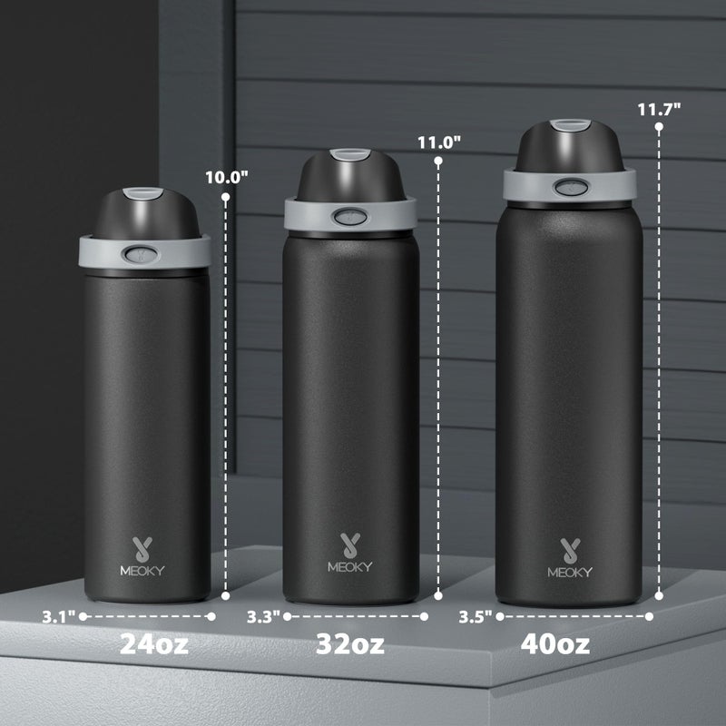 Meoky 32 oz Insulated Water Bottle for Sports: Meoky Stainless Steel Water Bottle with 2-in-1 Straw and Spout Lid - Leak Proof, Cold for 24 Hours, Protective Silicone Base, BPA-Free for Gym, Night - Image 3