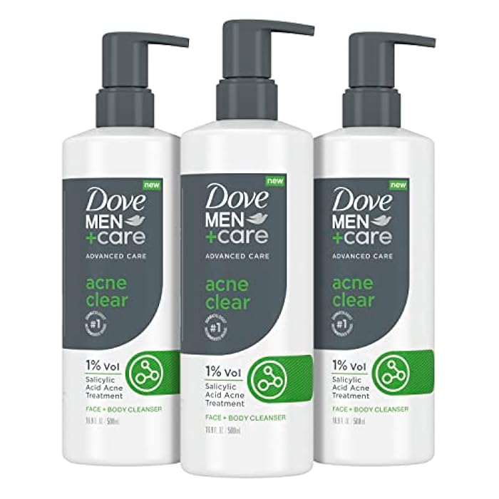 Dove Men+Care دوف للرجال + العناية منظف متقدم خالي من حب الشباب 3 قطع للبشرة المعرضة لحب الشباب + منظف للوجه والجسم مع 1% حمض الساليسيليك 16.9 أونصة - Image 1