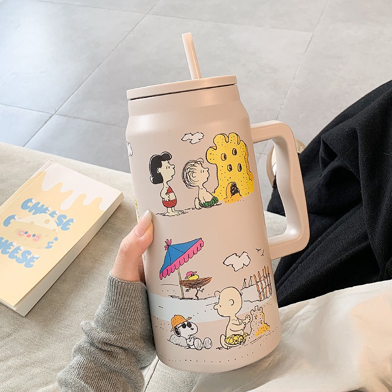 Large Capacity Snoopy Thermal Mug with Straw light brown