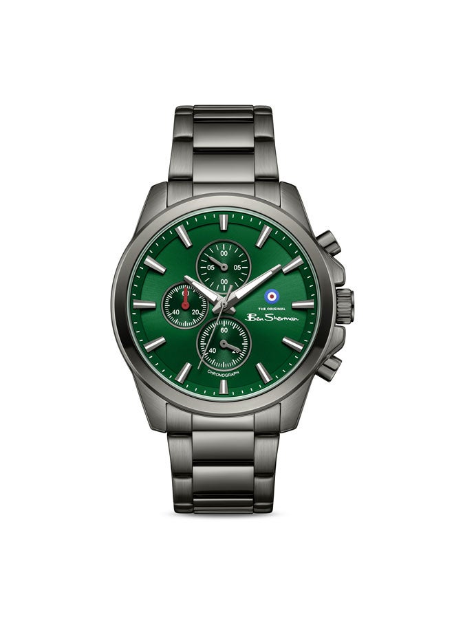 Ben Sherman Oxford Green Dial Gunmetal Stainless Steel Bracelet Chronograph Watch for Men, 44mm - Image 1