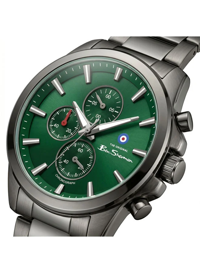 بين شيرمان Oxford Green Dial Gunmetal Stainless Steel Bracelet Chronograph Watch for Men, 44mm