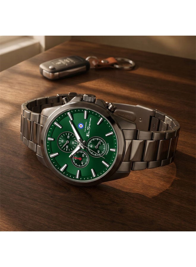 Ben Sherman Oxford Green Dial Gunmetal Stainless Steel Bracelet Chronograph Watch for Men, 44mm - Image 4