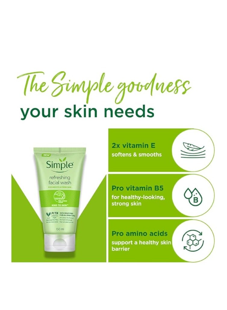 Simple Refreshing Facial Wash, Make-Up Remover with Pro-Vitamin B5, Vegan, No Perfume and Alcohol, Vitamin E Antioxidant, Soap-Free, Hypoallergenic, Sensitive Skin, 150Ml - Image 3