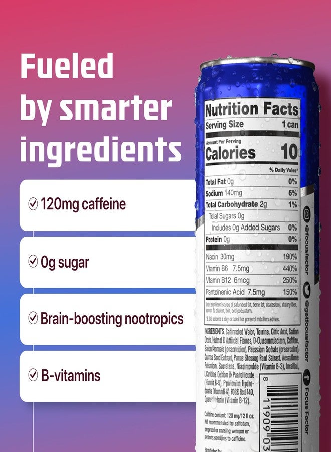 Focus Factor Energy Drink - 12 x 355ml Cans (Berry Flavour) - with Focus + Energy - Lightly Carbonated, Sugar Free, Low Calorie with Vitamin B6 & Vitamin B12 - Image 2
