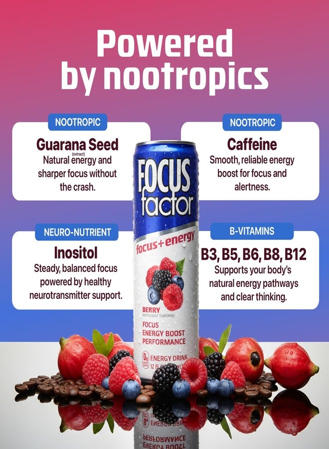 Focus Factor Energy Drink - 12 x 355ml Cans (Berry Flavour) - with Focus + Energy - Lightly Carbonated, Sugar Free, Low Calorie with Vitamin B6 & Vitamin B12 - Image 3