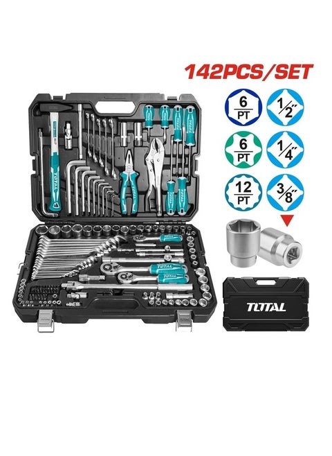 TOTAL 142-Piece Combination Tools Set with 1/2", 3/8", and 1/4" Drive Sockets, Ratchets, Wrenches, Screwdriver Bits, Spanners, Pliers, and More - Complete DIY & Automotive Tool Kit