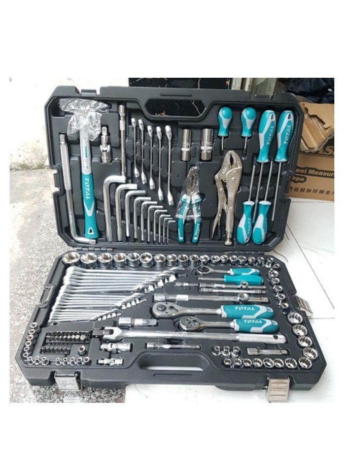 TOTAL 142-Piece Combination Tools Set with 1/2", 3/8", and 1/4" Drive Sockets, Ratchets, Wrenches, Screwdriver Bits, Spanners, Pliers, and More - Complete DIY & Automotive Tool Kit