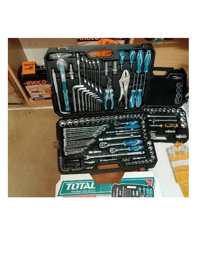 TOTAL 142-Piece Combination Tools Set with 1/2", 3/8", and 1/4" Drive Sockets, Ratchets, Wrenches, Screwdriver Bits, Spanners, Pliers, and More - Complete DIY & Automotive Tool Kit